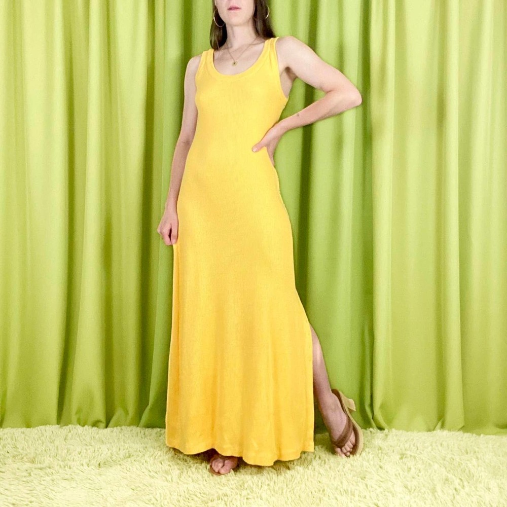 70s Vintage Bright Yellow Rib Knit Side Slit Button Up Maxi Dress